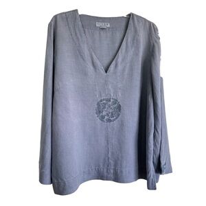 Citron Santa Monica Pullover Blouse V neck 100% Linen Embroidered Size XL